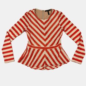 BCBGMaxAzria Franseen Striped Eyelet Peplum Long Sleeve Top Size M Orange Cream
